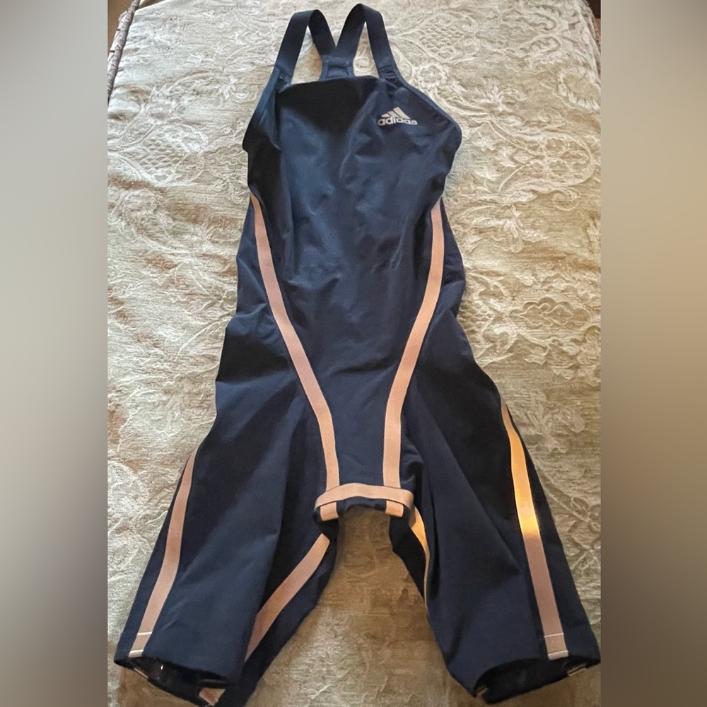 Adidas Adizero Fina Black Swimsuit w/ Gold Stripes XXS size 0-2 or junior /youth